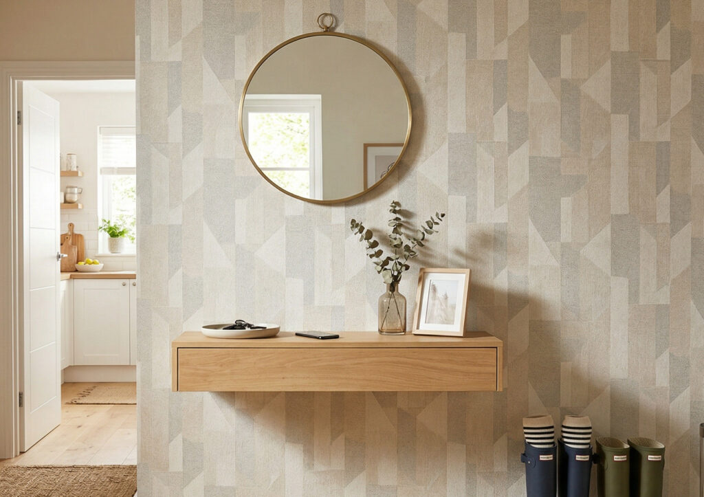 Zdjęcie przedstawia nowoczesny, jasny przedpokój z tapetą w stylowy, geometryczny wzór (beżowo-szary), która buduje klimat i chroni ścianę w tym trudnym komunikacyjnie miejscu.